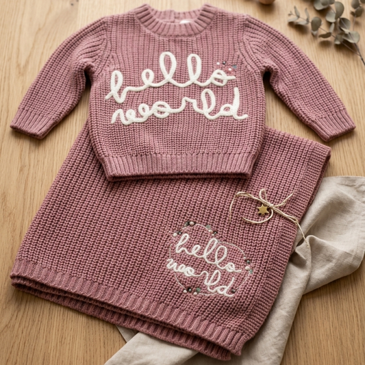 Rock a Bye Baby Embroidered Hello World Jumper and Blanket in Gift Box