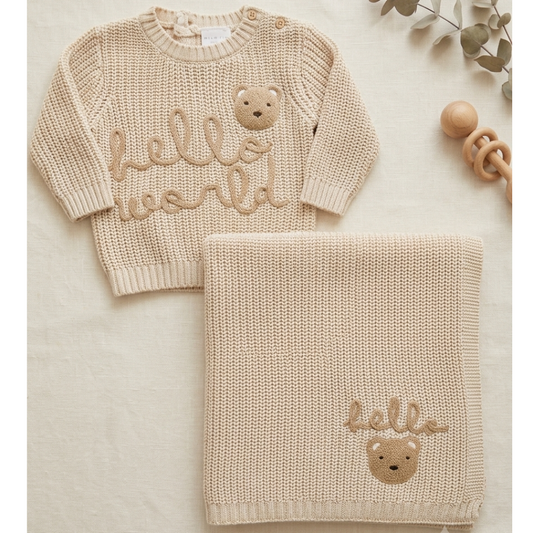 Rock a Bye Baby Embroidered Hello World Unisex Matching Jumper and Blanket in Gift Box