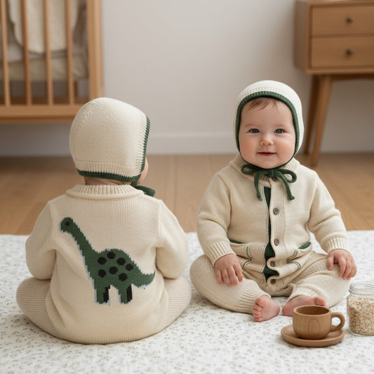 Sevva Knitted Romper with Dinosaur and Matching Bonnet