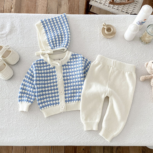 Sevva Vintage Knit Blue Top, Trousers and Bonnet Set