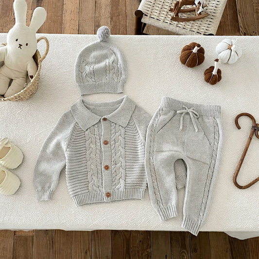 Sevva Grey Knitted 3 Piece Hat, Cardigan, Trouser Set