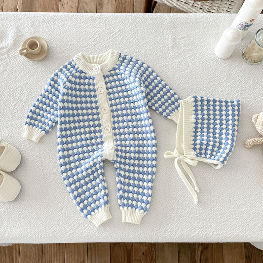 Sevva Blue Cream Vintage Knit Romper with Matching Bonnet